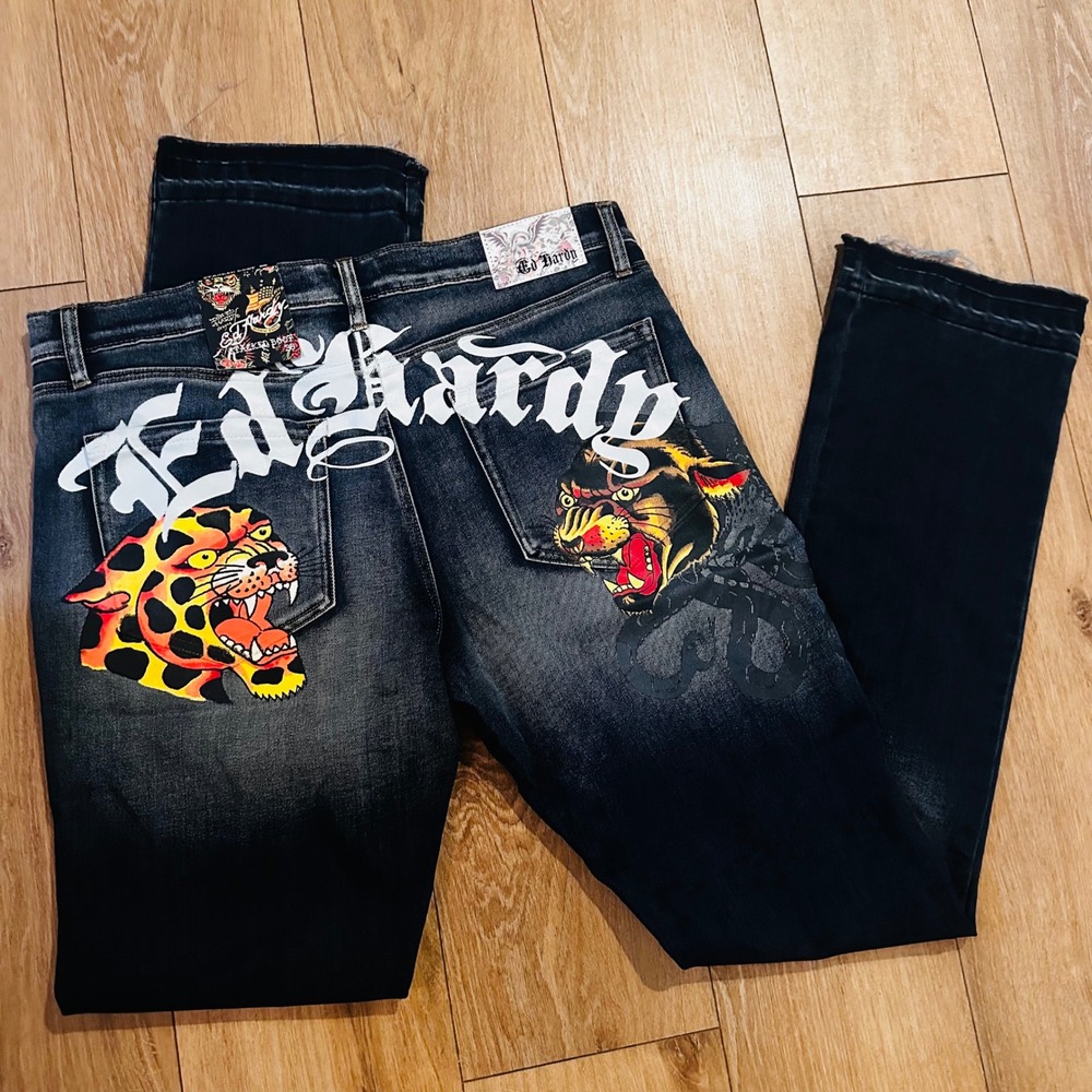 Ed Hardy Mens Stacked Boot Jeans Med Blast Graphic Tattoo Denim 36 MEHD8303-5